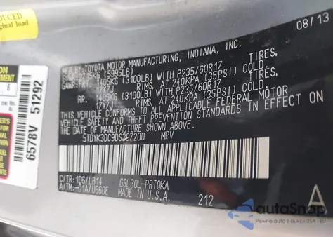 2013 Toyota Sienna Xle V6 8 Passenger from USA, damaged, VIN 5TDYK3DC9DS397200